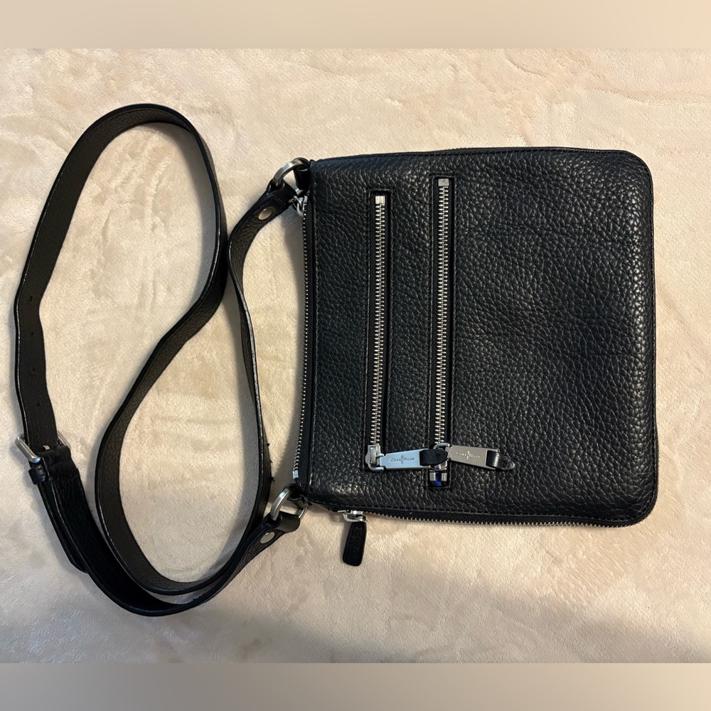 ColeHahn Black Pebbled Leather Crossbody Bag with Dual Zip Front
